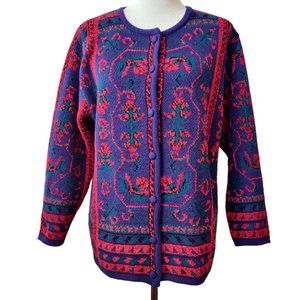 Robinsons Womens Vintage Purple Red Button Up Knit Grandma Cardigan Sweater L